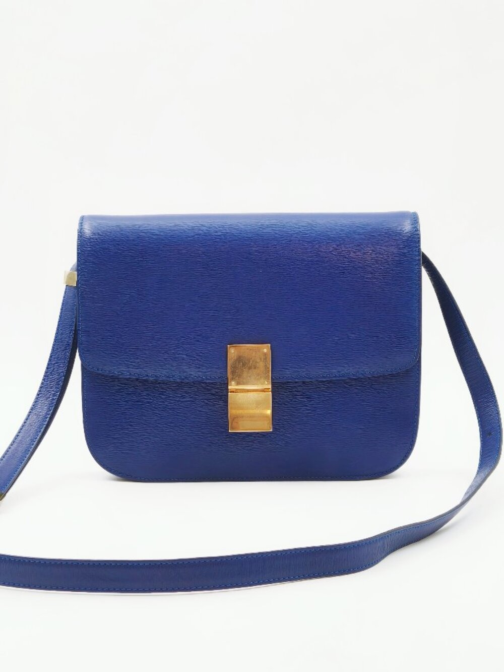 Celine Classic Box Bag Blue Leather Shoulder Crossbody Gold Hardware